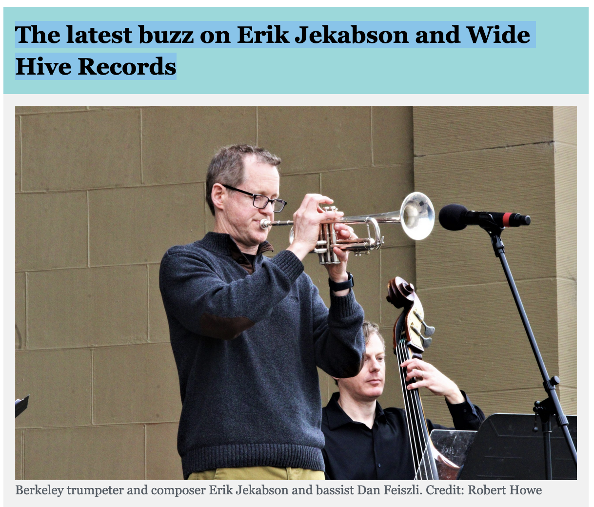 A photo of Erik Jekabson from Daggerboard, playing the trumpet.