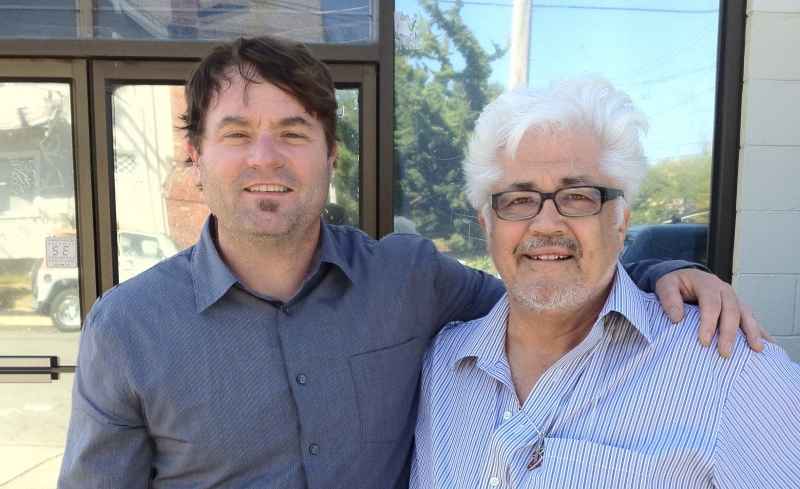 Gregory Howe and Larry Coryell, in 2012, in front of Wide Hive Studios, in Berkeley, California.