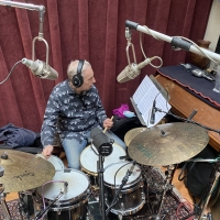 Photo of drummer Mike Clark at Wide Hive Records in Berkeley, California.